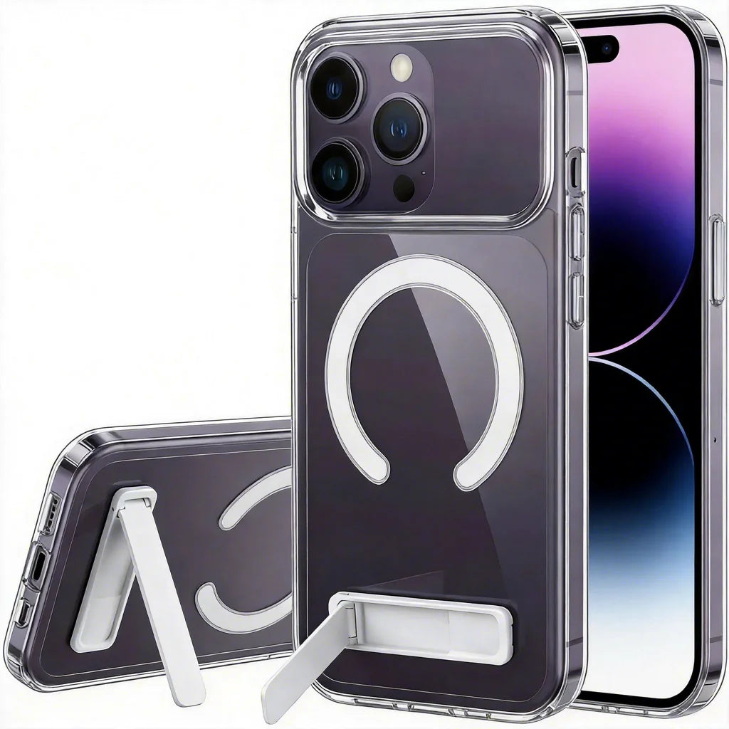 Clear Magnetic Wireless Case with Kickstand for iPhone 11 Pro Max Mini 14 13 17 12 15 16 Series Mobile Phone Shell with Holder