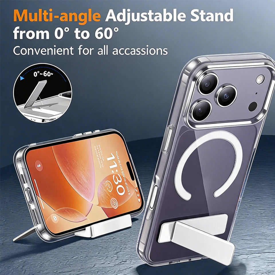 Clear Magnetic Wireless Case with Kickstand for iPhone 11 Pro Max Mini 14 13 17 12 15 16 Series Mobile Phone Shell with Holder
