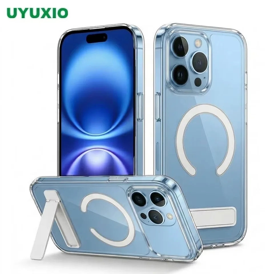 Clear Magnetic Wireless Case with Kickstand for iPhone 11 Pro Max Mini 14 13 17 12 15 16 Series Mobile Phone Shell with Holder