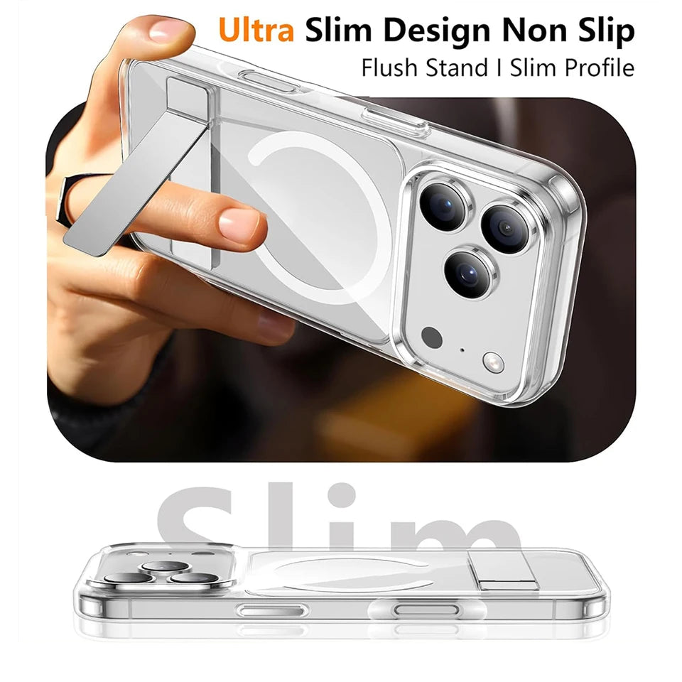Clear Magnetic Wireless Case with Kickstand for iPhone 11 Pro Max Mini 14 13 17 12 15 16 Series Mobile Phone Shell with Holder